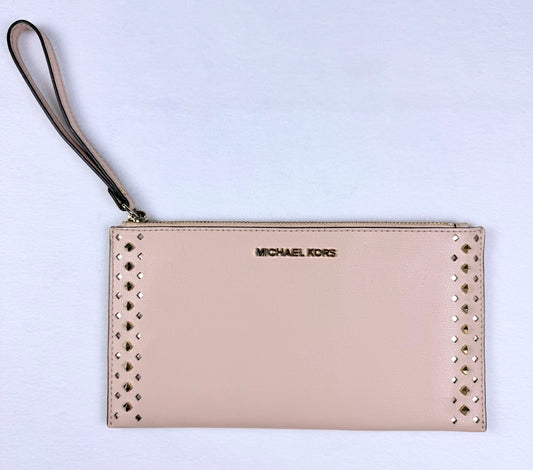 Michael Kors Pale Pink Leather Studded Wristlet / Clutch with Gold-Tone Hardware