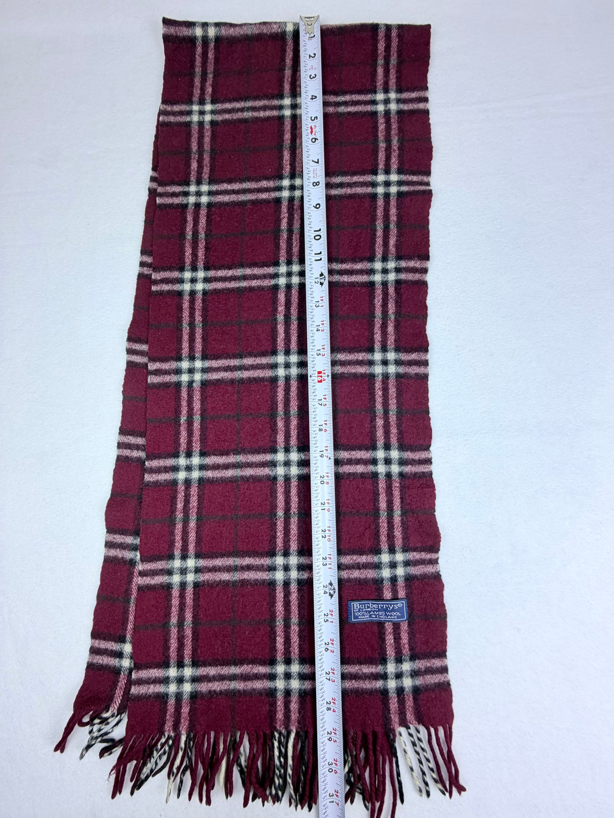 Burberrys of London Burgundy Plaid Vintage Scarf 100% Lambswool Made in England