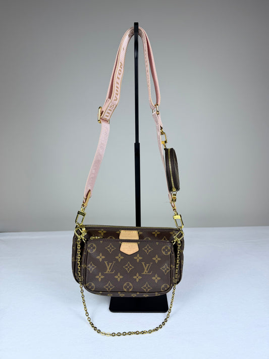 Louis Vuitton Monogram Multi Pochette Accessoires Crossbody Bag - Pink Jacquard Strap & Gold Hardware Set
