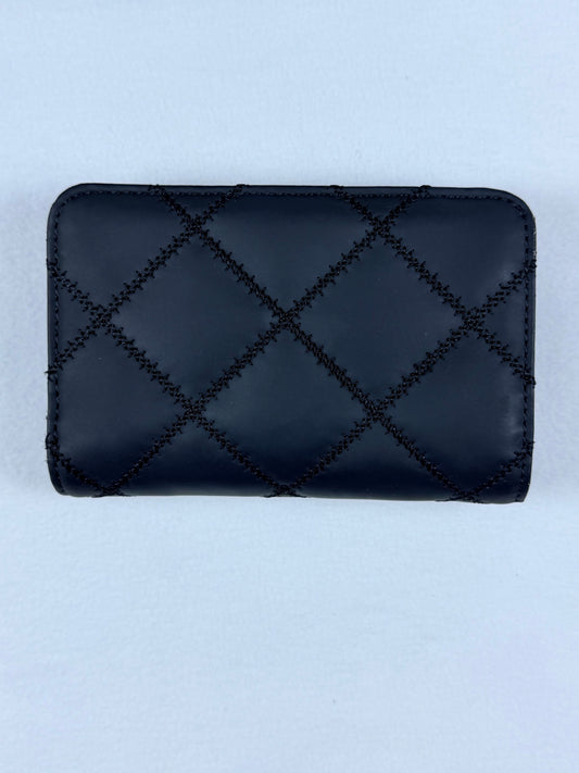 Tory Burch Black Quilted Diamond Logo Medium Flap Wallet Card Holder Zip Pocket