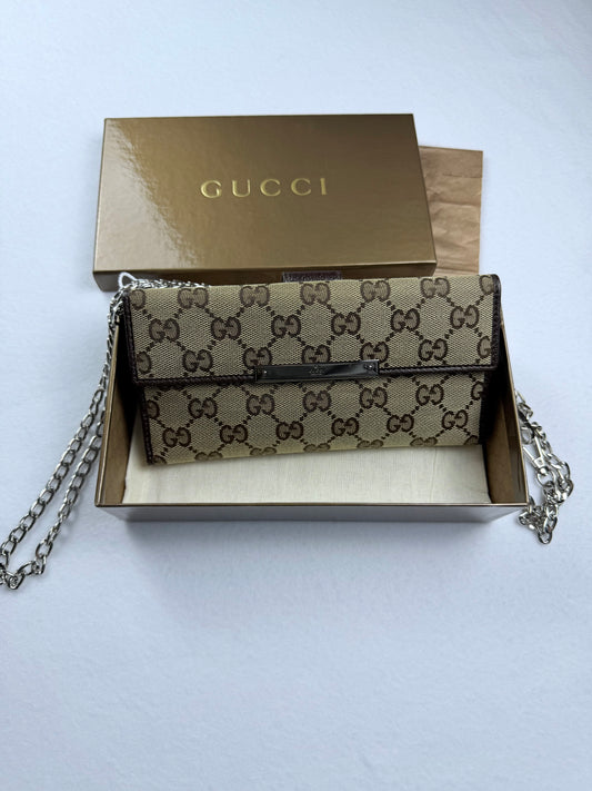 Gucci Monogram GG Canvas Continental Long Wallet Brown Leather Metal Bar W/ Box & Unbranded Silver Chain