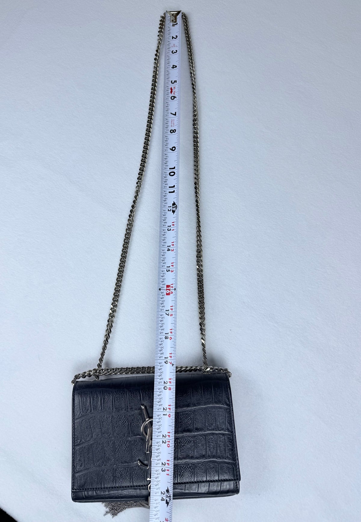 Saint Laurent YSL Kate Small Tassel Chain Shoulder Bag Croc-Embossed Black Leather Silver Hardware