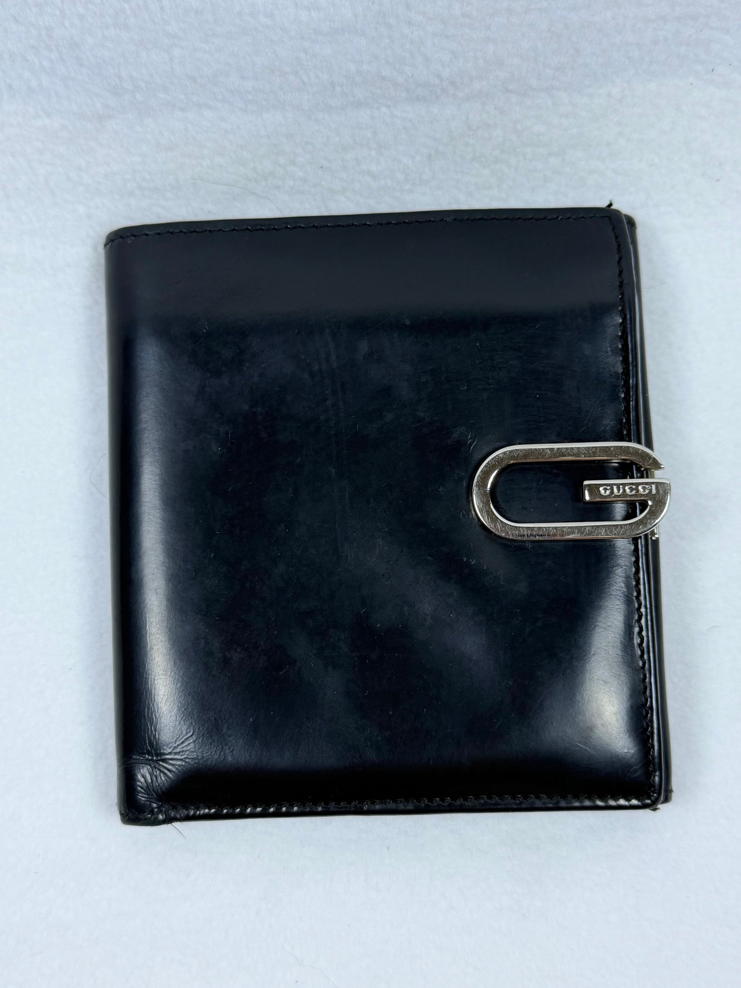 Gucci Vintage Black Leather Compact Wallet w/ G Clasp, Silver Hardware & Entrupy COA