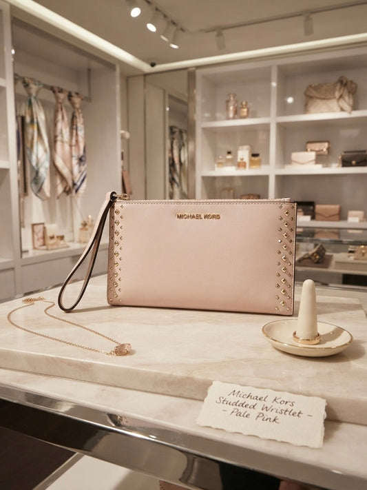 Michael Kors Pale Pink Leather Studded Wristlet / Clutch with Gold-Tone Hardware