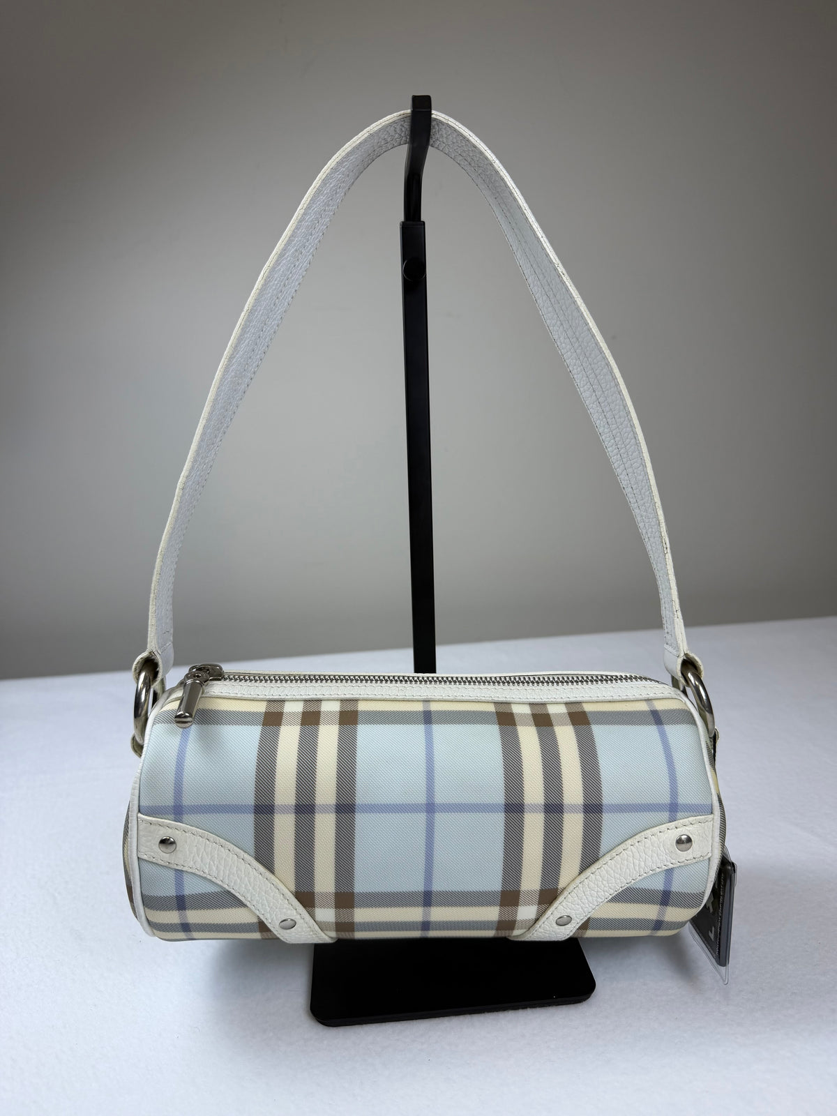 Authentic Vintage Burberry Blue Check Canvas White Leather Barrel Shoulder Bag