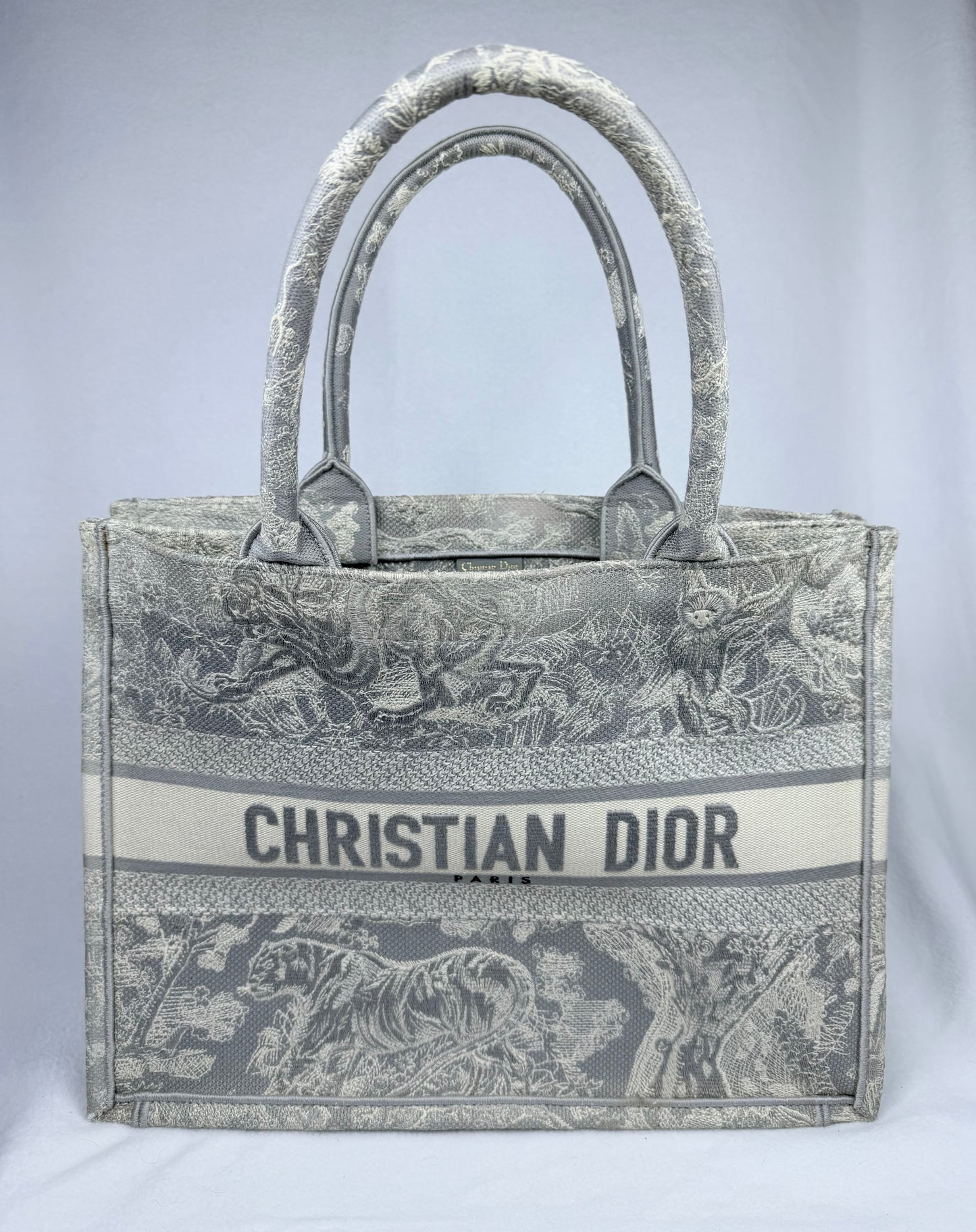 Christian Dior Medium Grey Mizza Embroidered Toile de Jouy Book Tote Bag