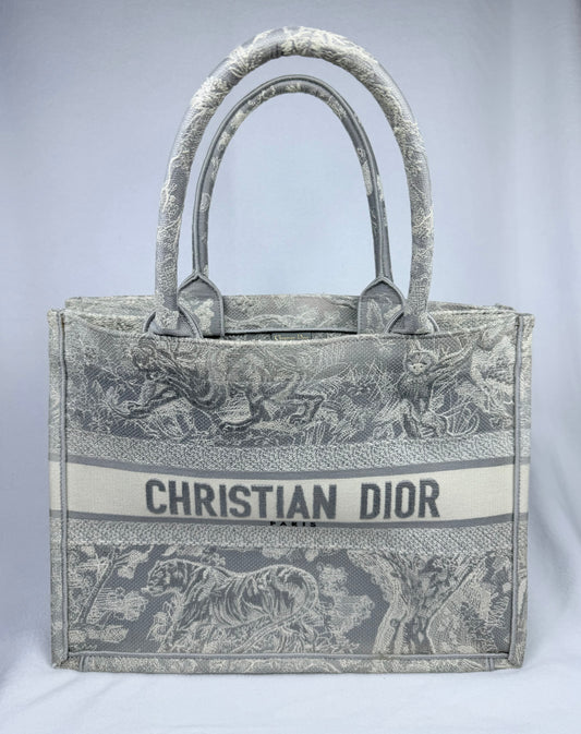 SOLD - Christian Dior Medium Grey Mizza Embroidered Toile de Jouy Book Tote Bag