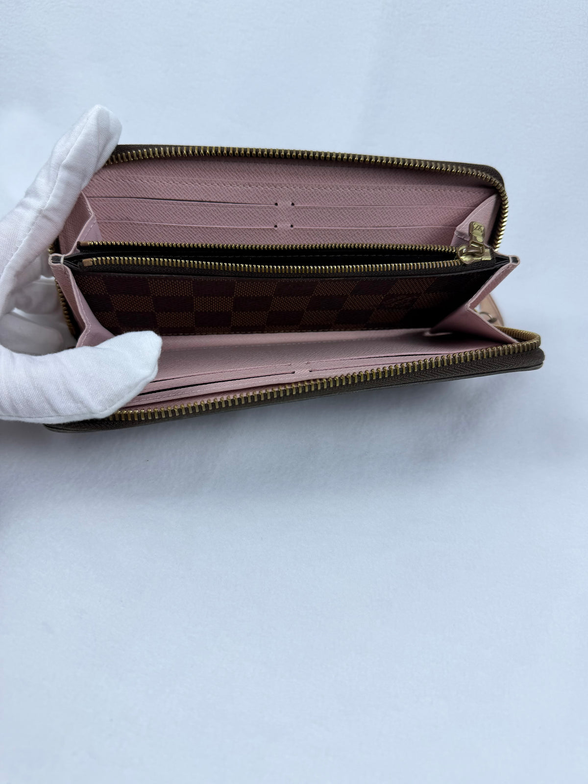 LOUIS VUITTON Clemence Wallet Damier Ebène Zip-Around Ballerine Pink Interior