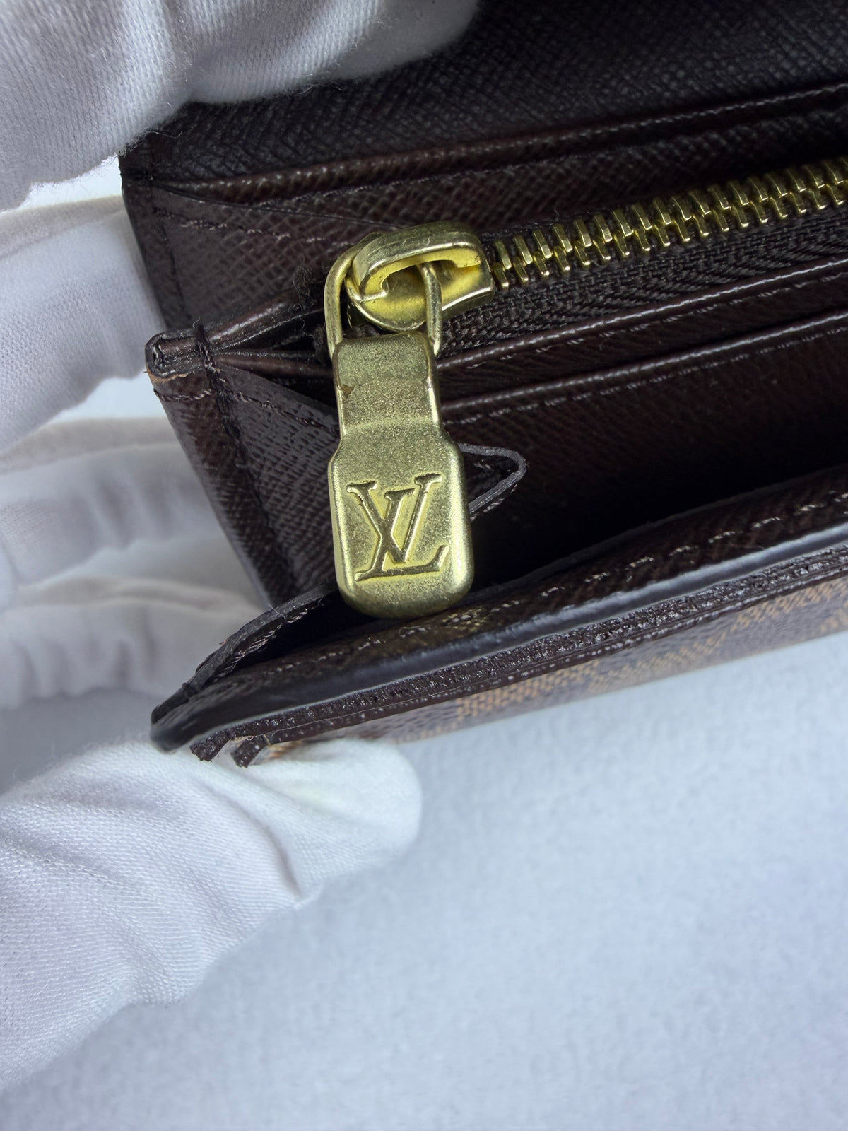 Louis Vuitton Damier Ebene Sarah Wallet with Chain, Box & Dustbag