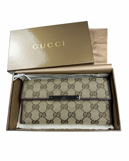 Gucci Monogram GG Canvas Continental Long Wallet Brown Leather Metal Bar W/ Box & Unbranded Silver Chain