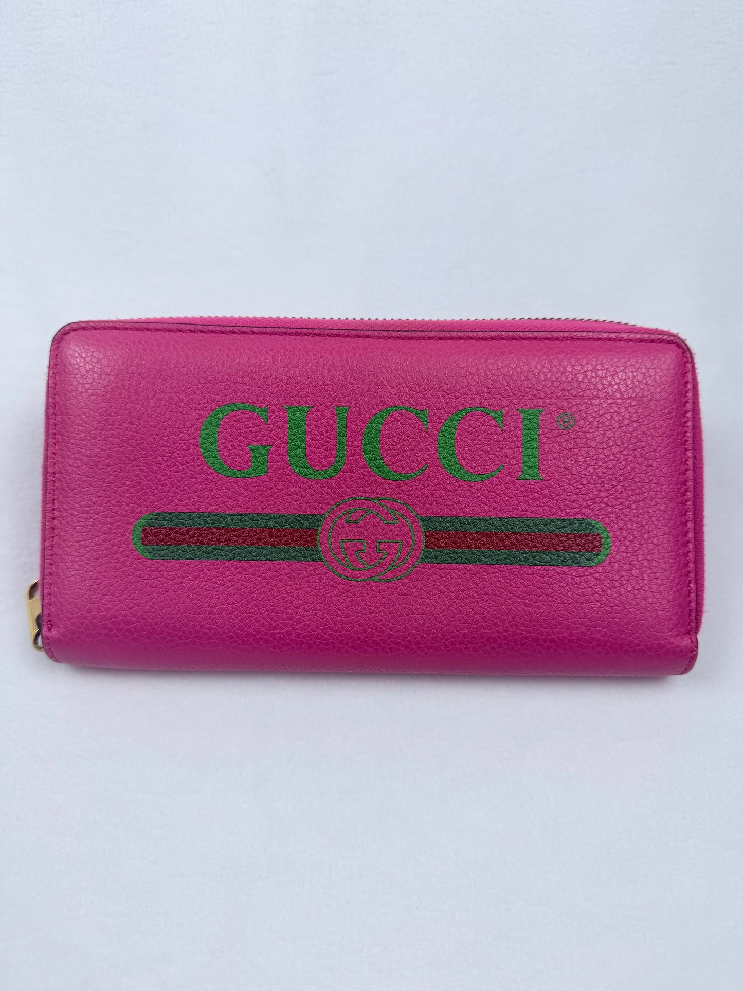 GUCCI Vintage Logo Pink Leather ZipAround Long Wallet Signature Stripe