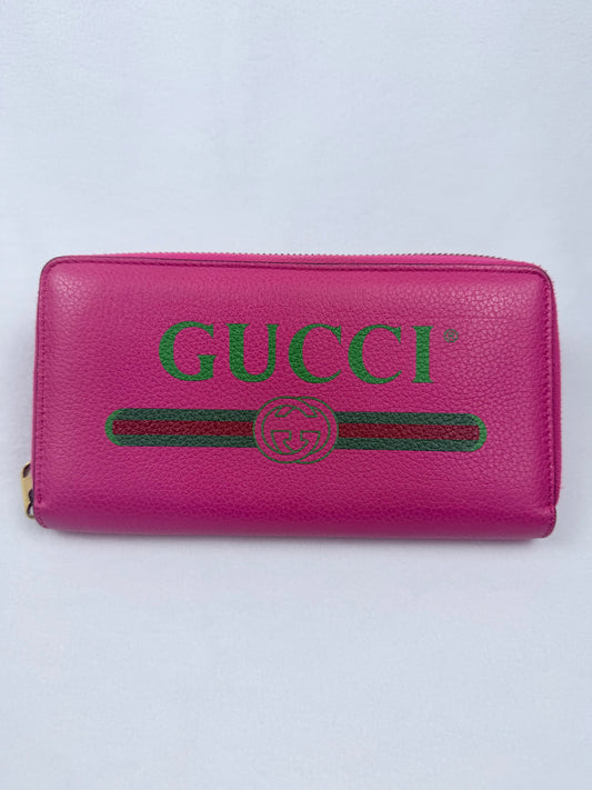 GUCCI Vintage Logo Pink Leather ZipAround Long Wallet Signature Stripe