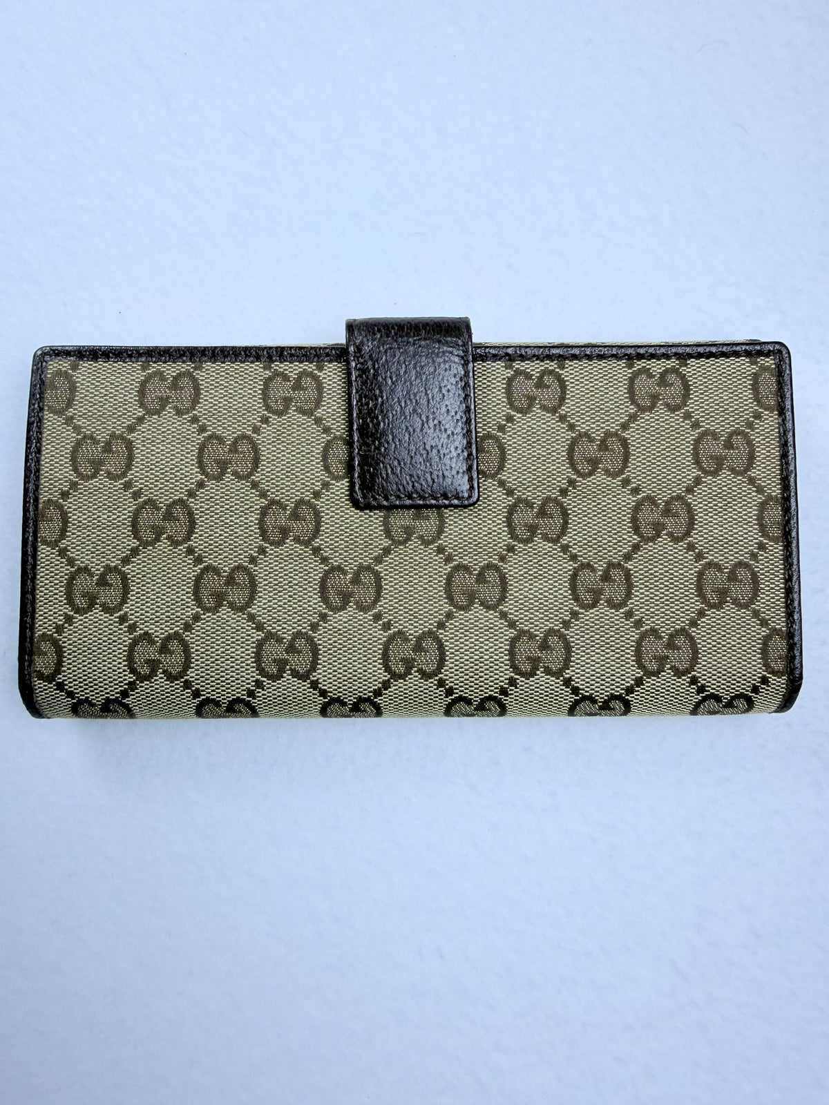 Gucci Monogram GG Canvas Continental Long Wallet Brown Leather Metal Bar W/ Box & Unbranded Silver Chain