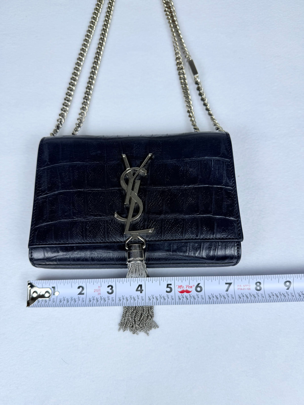 Saint Laurent YSL Kate Small Tassel Chain Shoulder Bag Croc-Embossed Black Leather Silver Hardware
