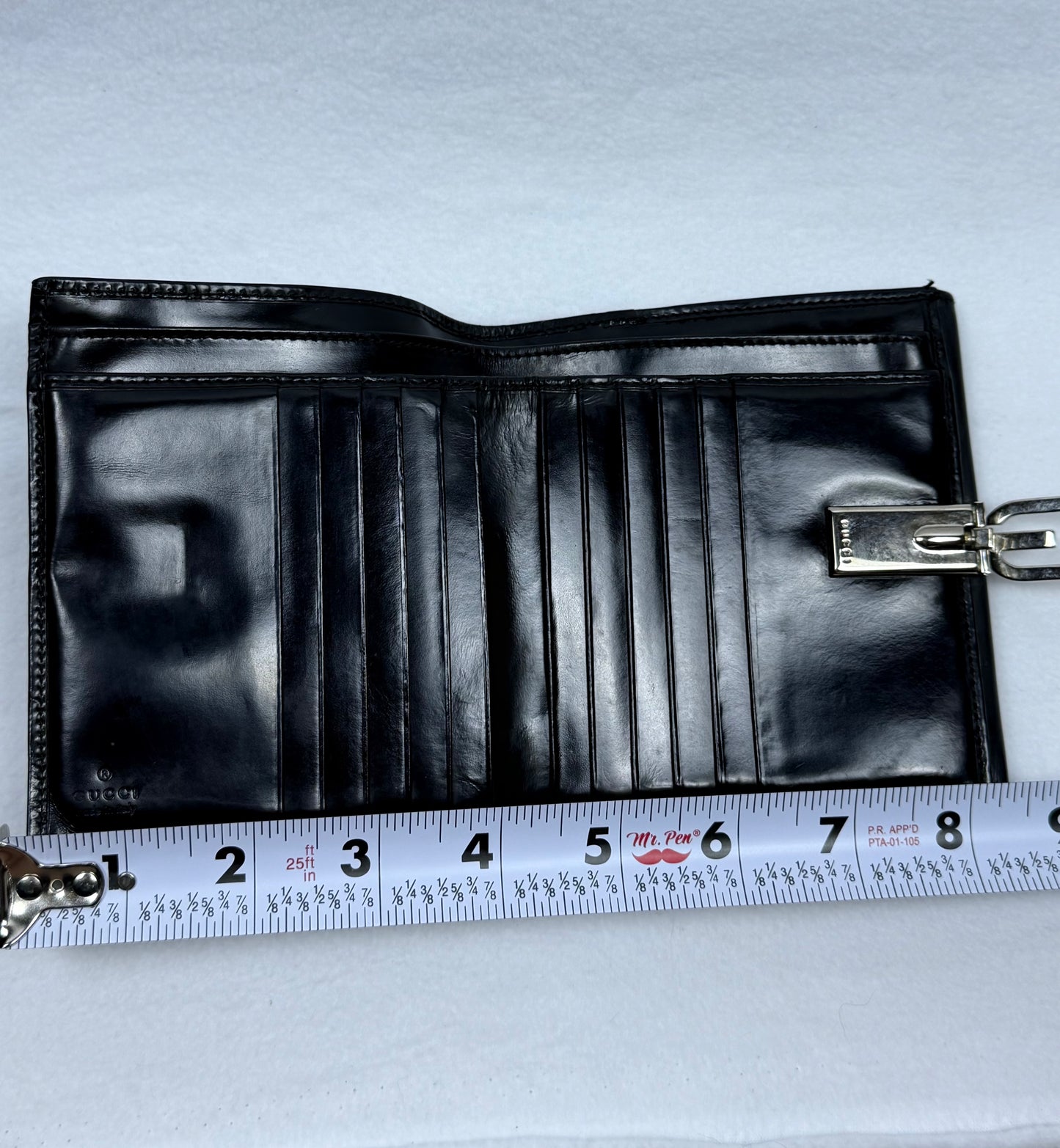 Gucci Vintage Black Leather Compact Wallet w/ G Clasp, Silver Hardware & Entrupy COA