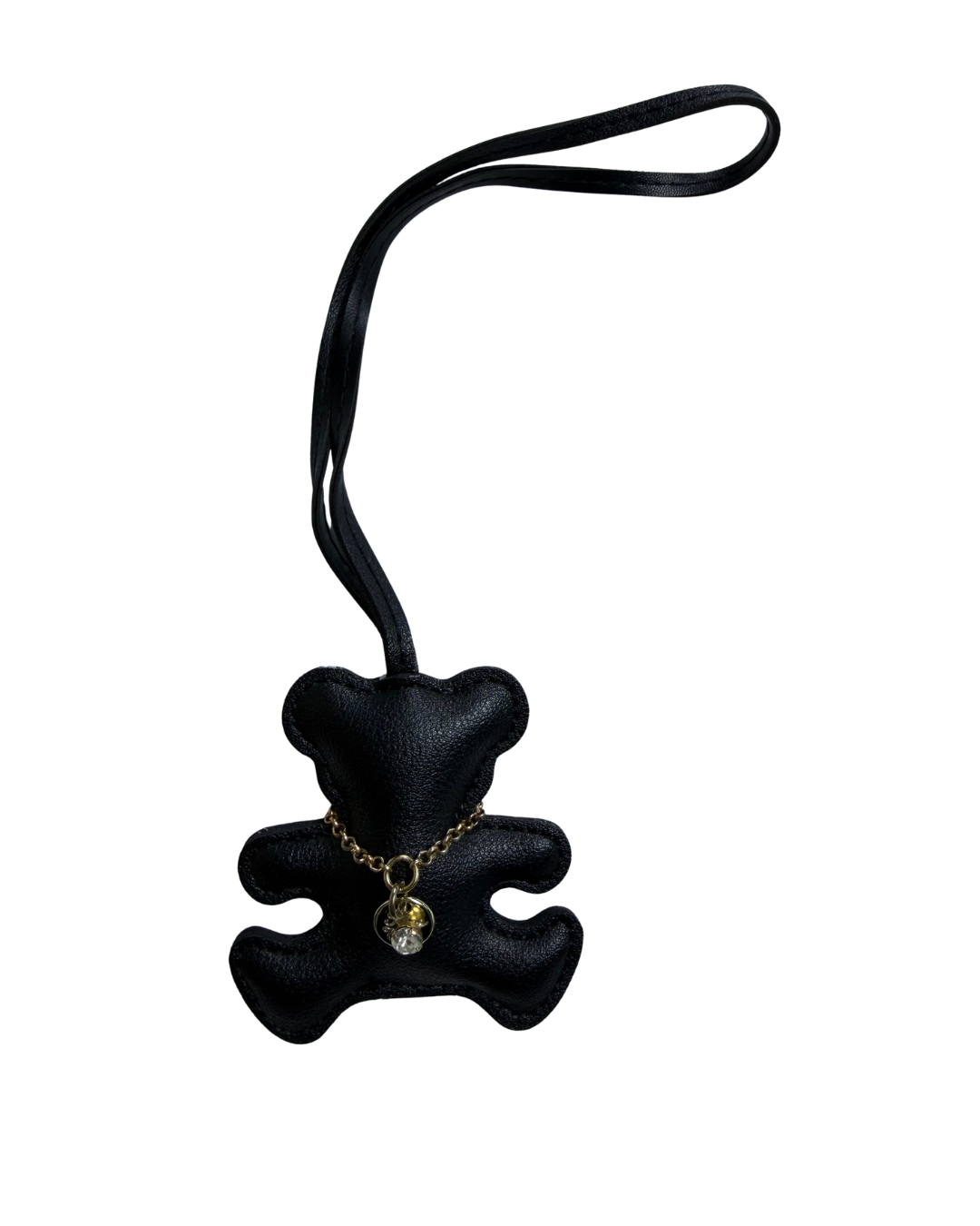 Leather Teddy Bear Bag Charm with Gold Crystal Necklace Accent