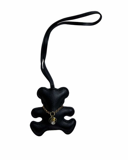 Leather Teddy Bear Bag Charm with Gold Crystal Necklace Accent
