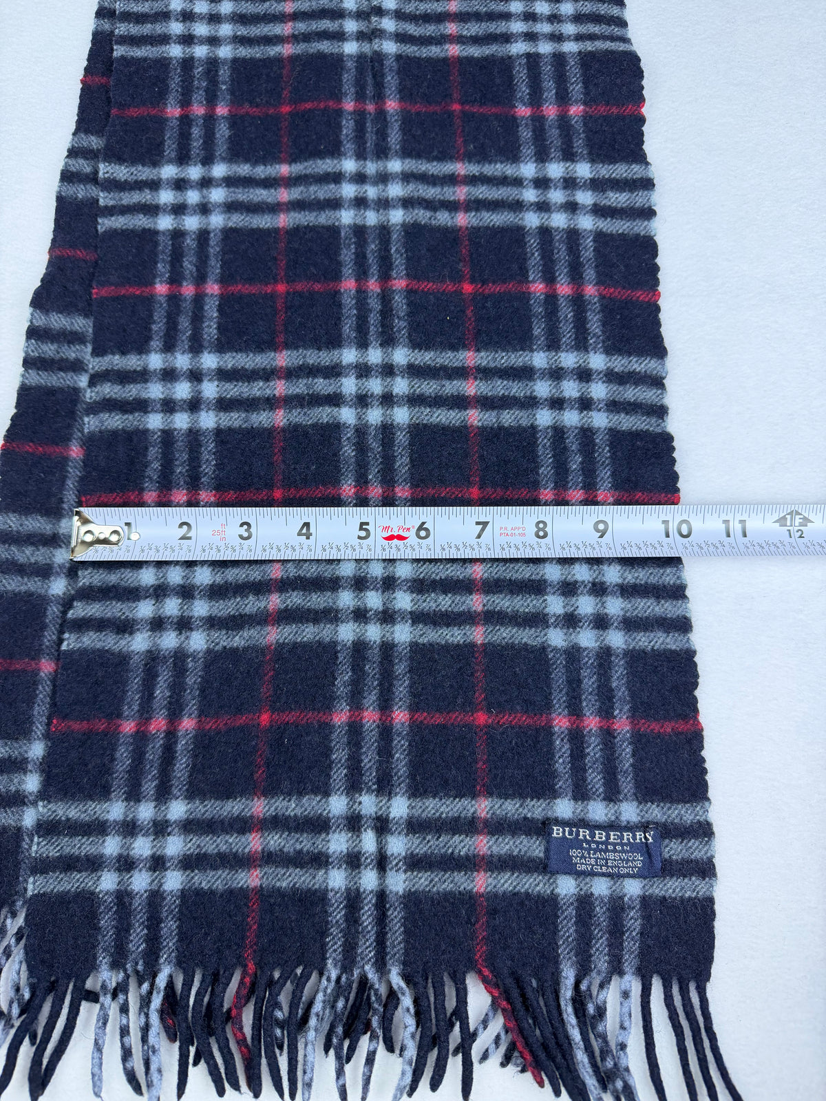 SOLD Burberry London Navy Blue Plaid Vintage Scarf 100% Lambswool Made in England
