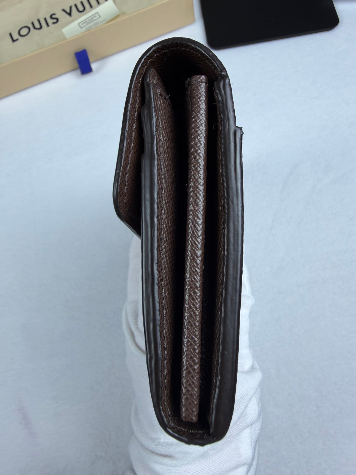 Louis Vuitton Damier Ebene Sarah Wallet with Chain, Box & Dustbag