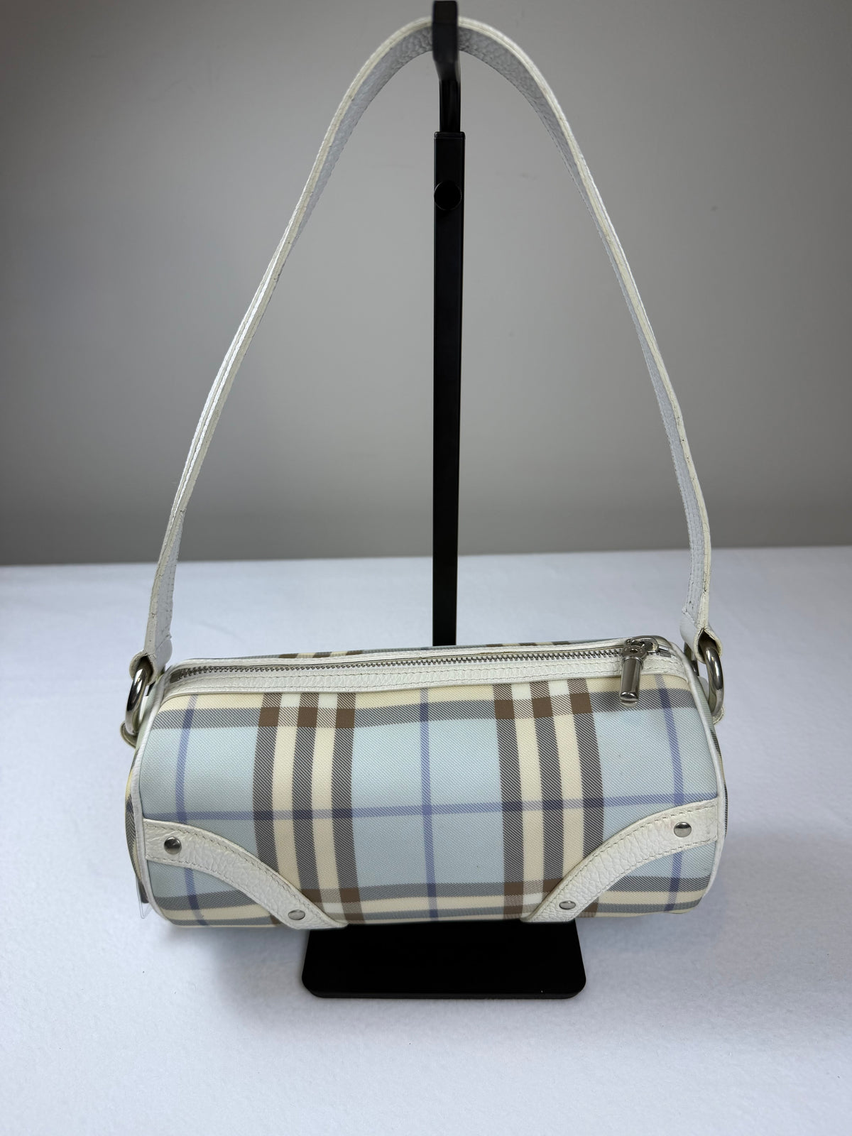 Authentic Vintage Burberry Blue Check Canvas White Leather Barrel Shoulder Bag