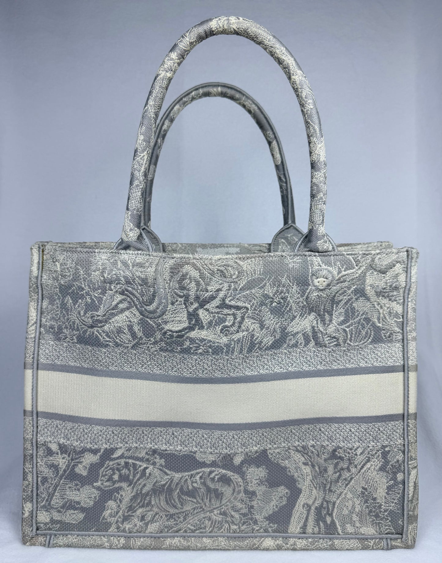 Christian Dior Medium Grey Mizza Embroidered Toile de Jouy Book Tote Bag