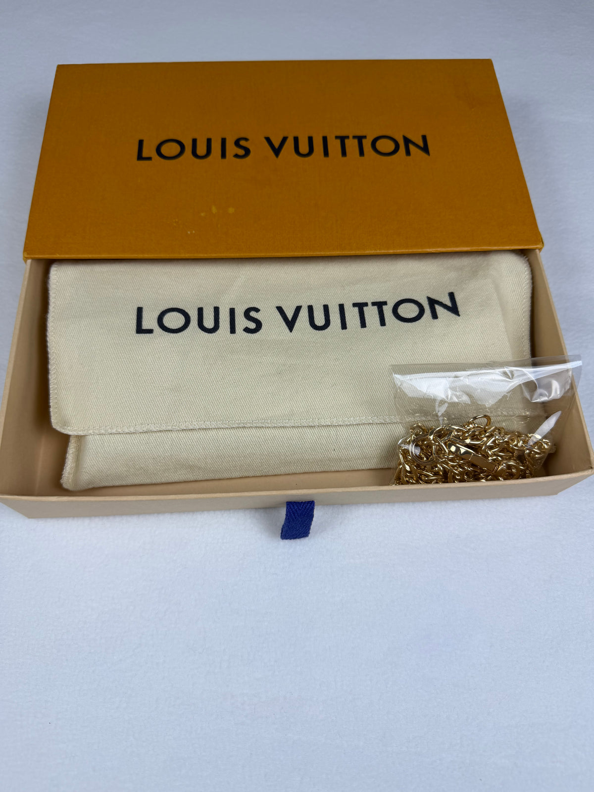 Louis Vuitton Damier Ebene Sarah Wallet with Chain, Box & Dustbag