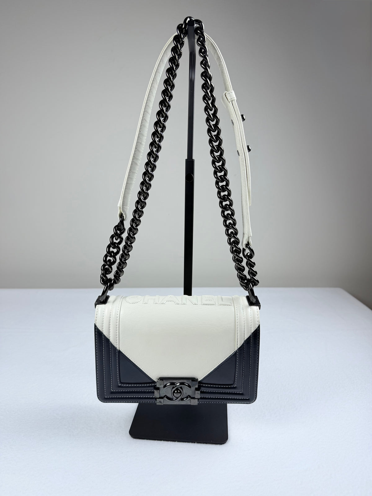 Authentic Chanel Boy Handbag Black & White Leather Ruthenium Hardware