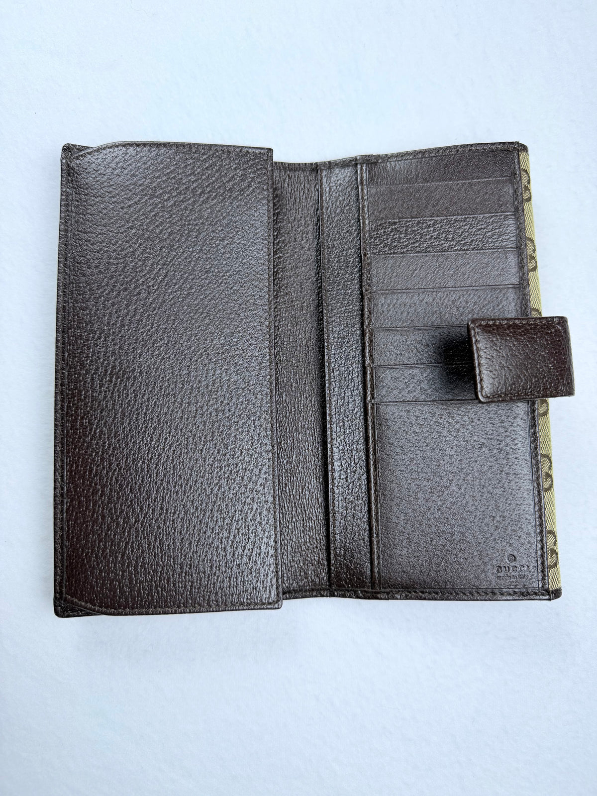 Gucci Monogram GG Canvas Continental Long Wallet Brown Leather Metal Bar W/ Box & Unbranded Silver Chain