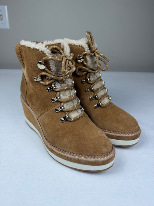 Kate Spade New York "Willow" Tan Suede Wedge Hiking Boots Shearling Trim Sz 8