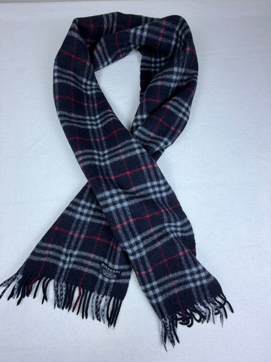 SOLD Burberry London Navy Blue Plaid Vintage Scarf 100% Lambswool Made in England