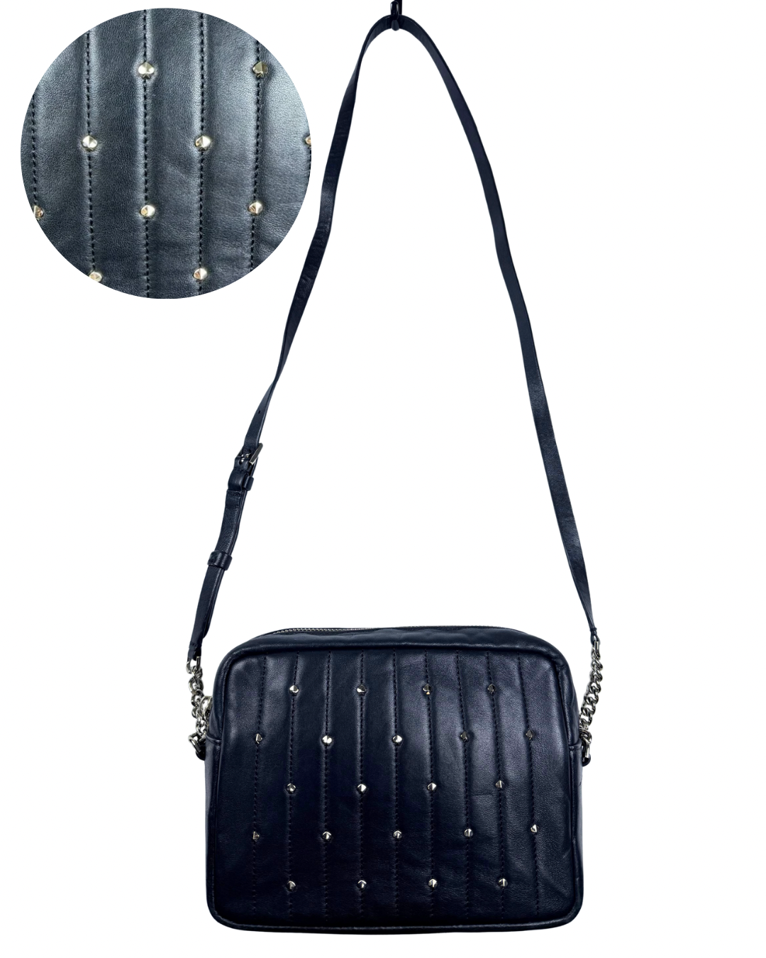 Kate Spade Black Quilted Studded Crossbody Bag with Silver Chain