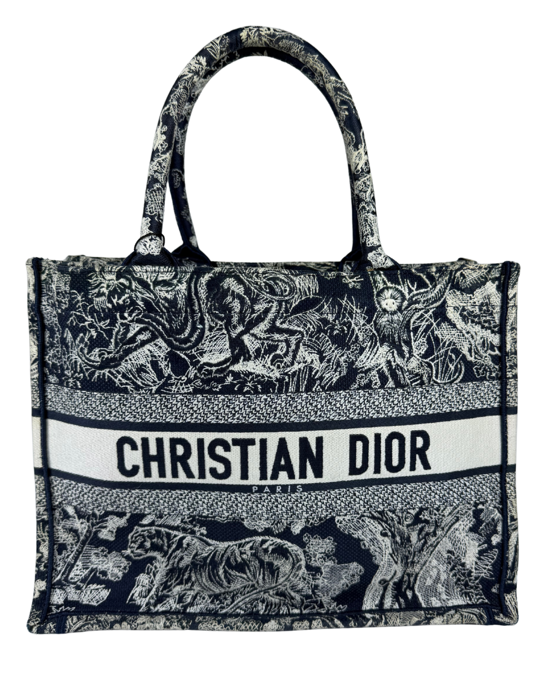 Christian Dior Tote bag featuring a navy blue and white classic Dior Oblique print, with a prominent white horizontal band across the center displaying 'CHRISTIAN DIOR PARIS' in black text.