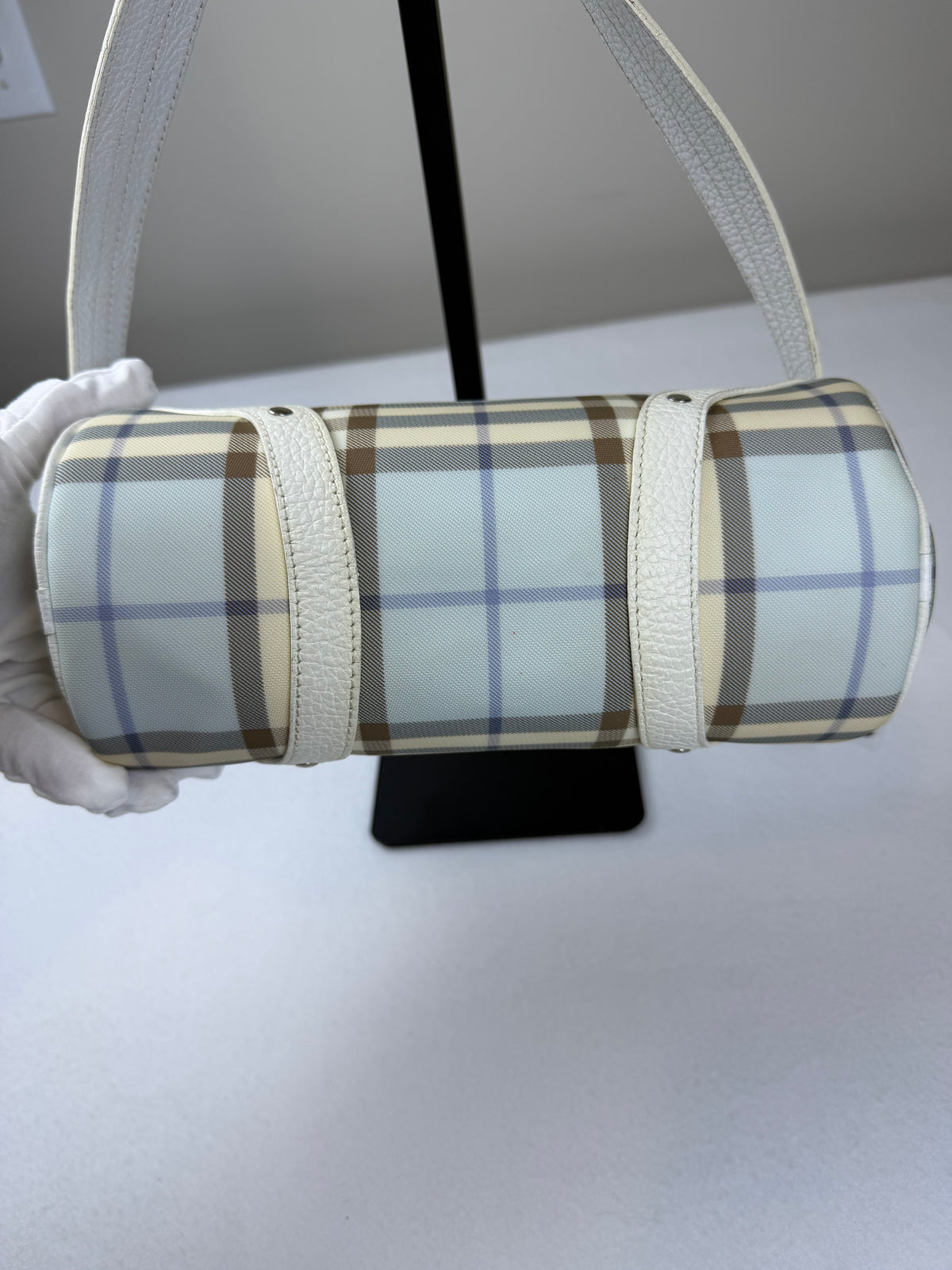 Authentic Vintage Burberry Blue Check Canvas White Leather Barrel Shoulder Bag
