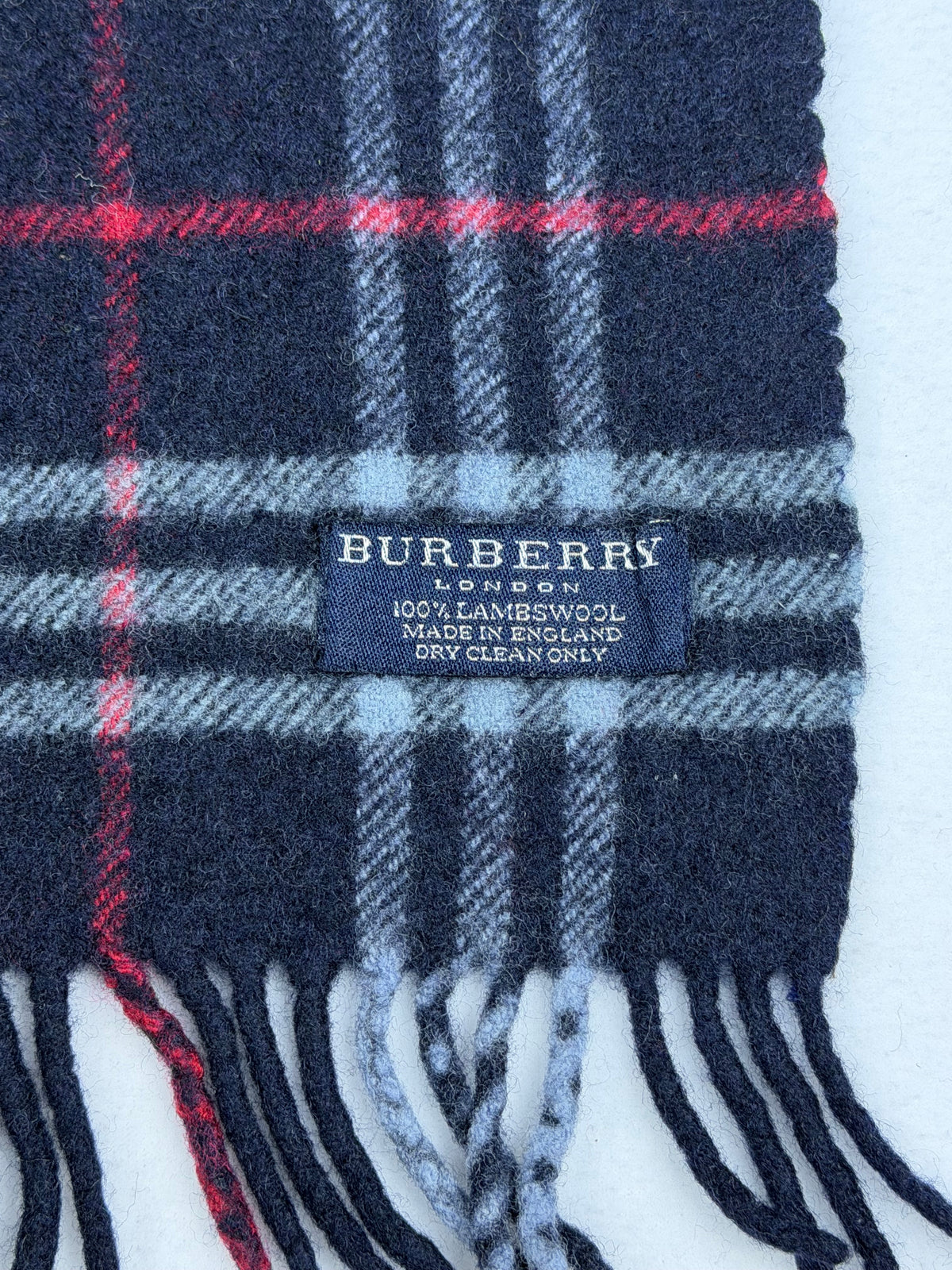 SOLD Burberry London Navy Blue Plaid Vintage Scarf 100% Lambswool Made in England