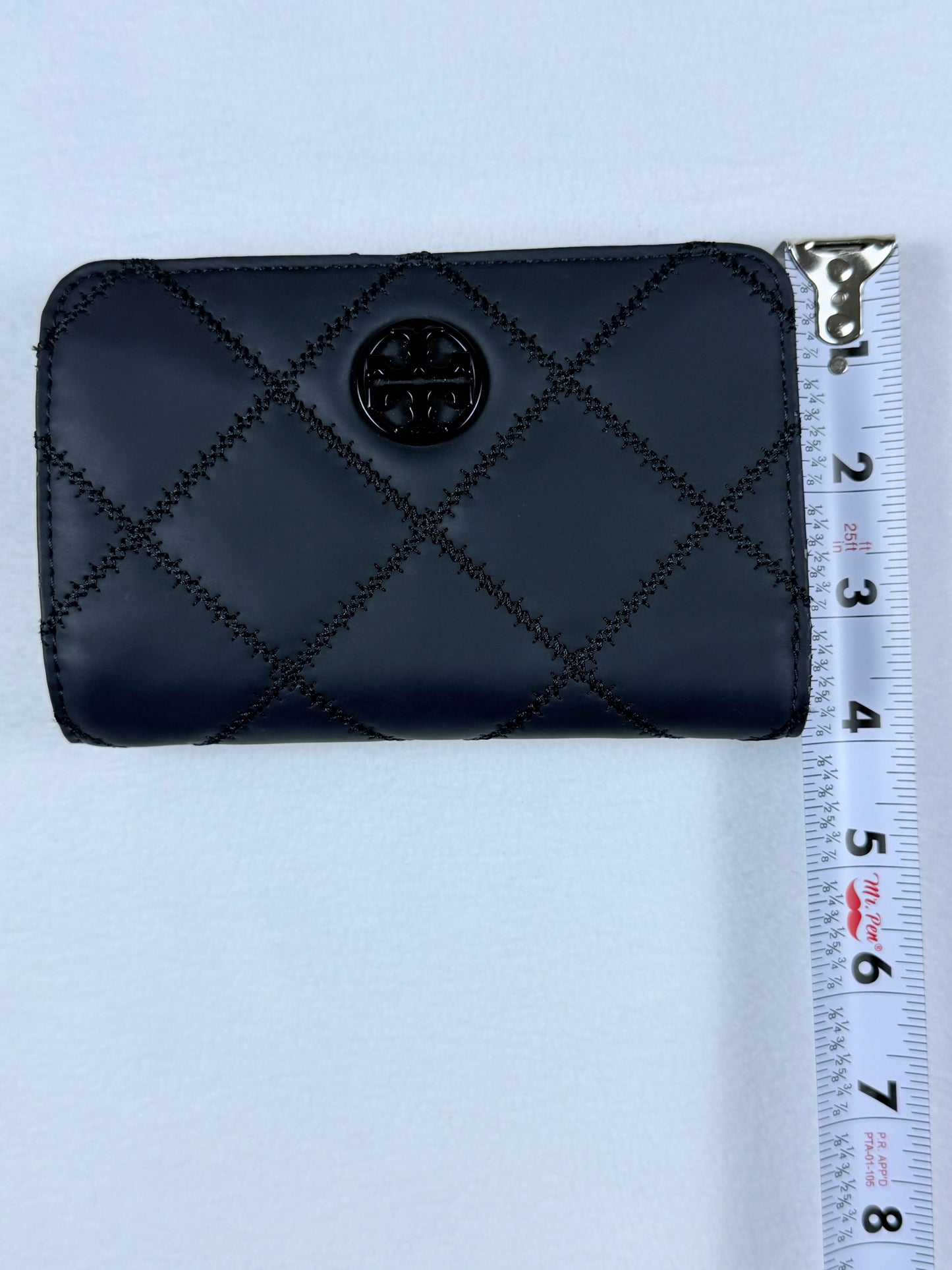 Tory Burch Black Quilted Diamond Logo Medium Flap Wallet Card Holder Zip Pocket