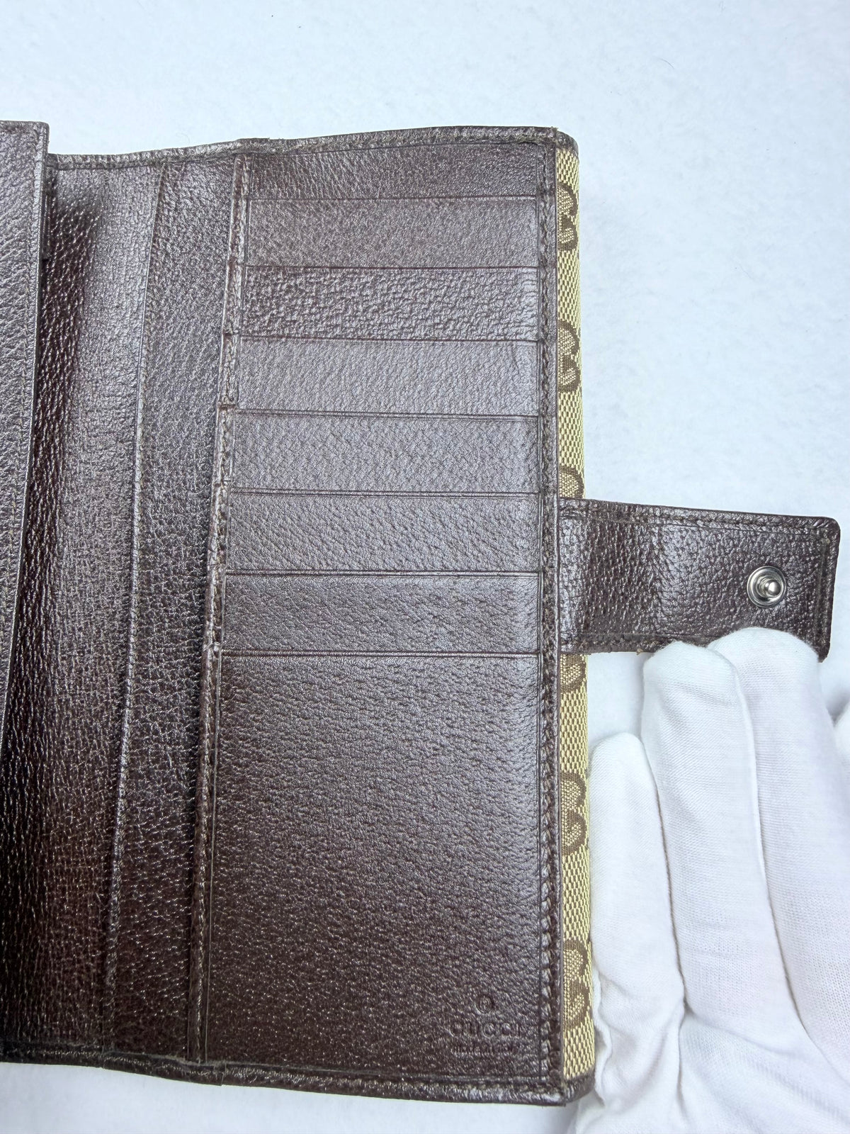 Gucci Monogram GG Canvas Continental Long Wallet Brown Leather Metal Bar W/ Box & Unbranded Silver Chain