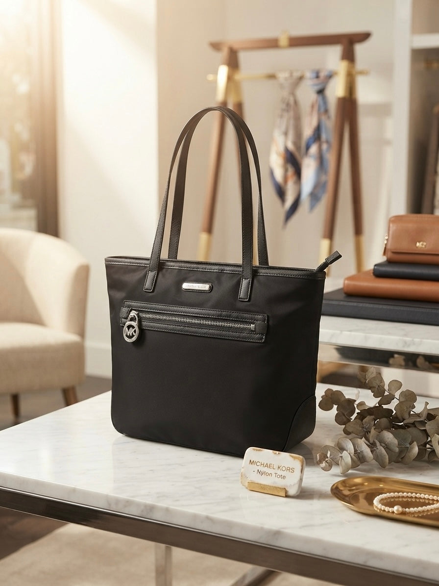 Michael Kors Black Nylon Saffiano Leather Tote Bag Handbag Purse Silver Hardware