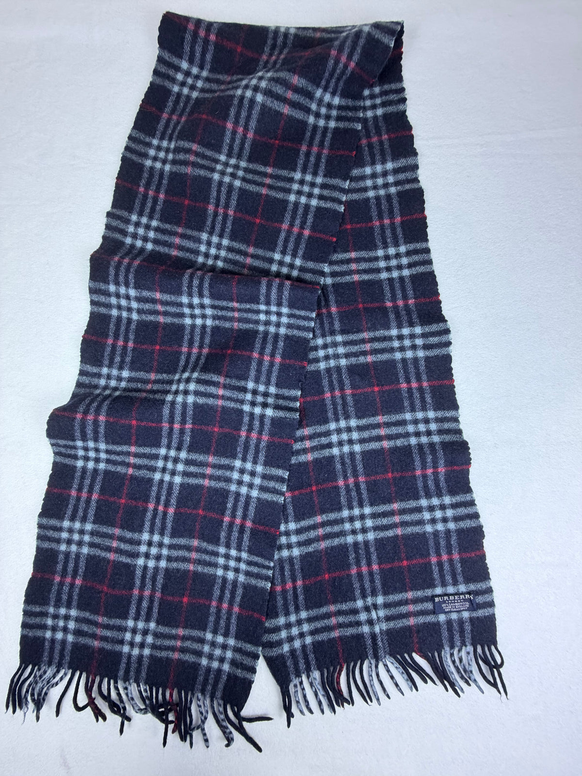 SOLD Burberry London Navy Blue Plaid Vintage Scarf 100% Lambswool Made in England