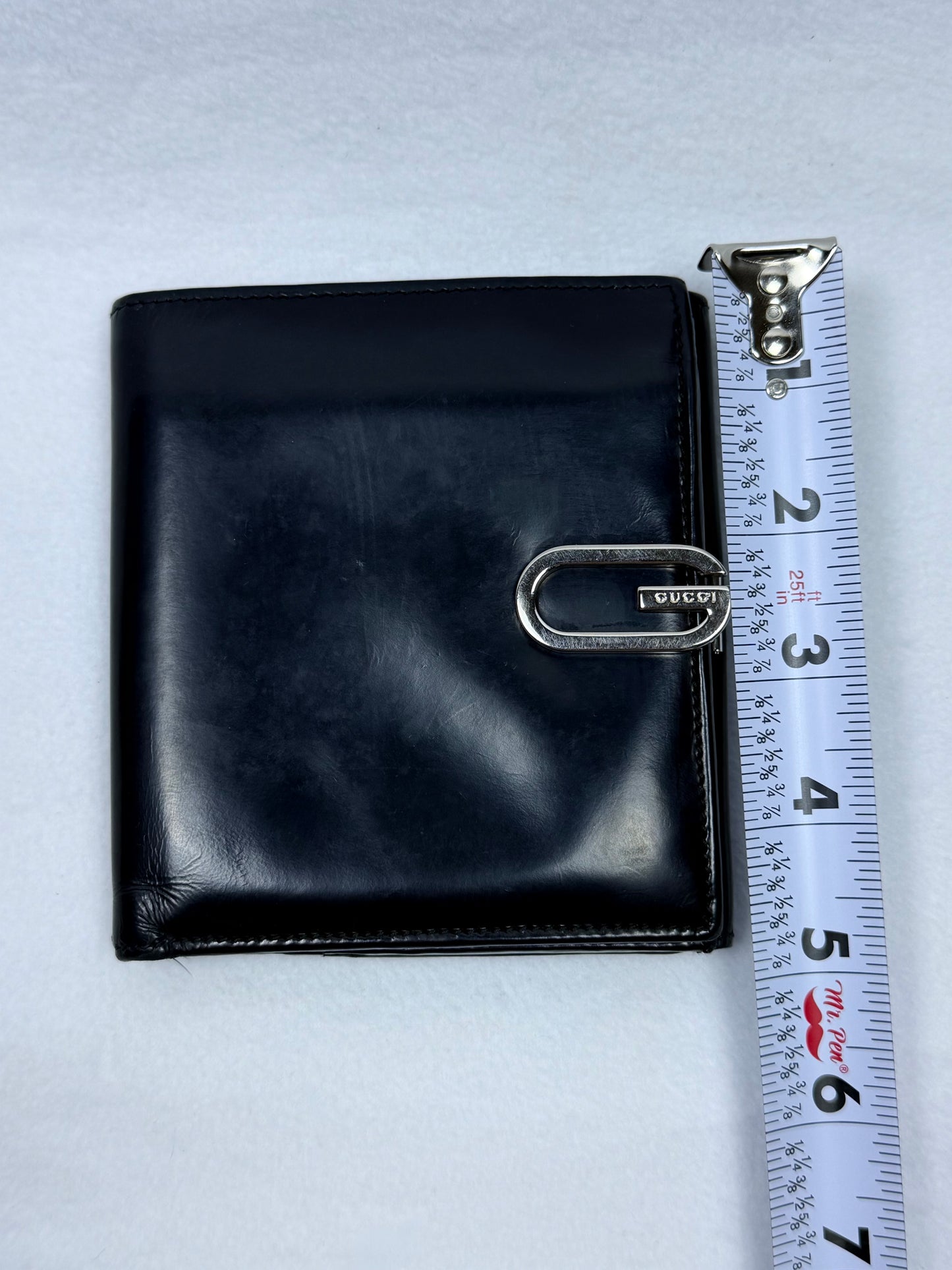 Gucci Vintage Black Leather Compact Wallet w/ G Clasp, Silver Hardware & Entrupy COA