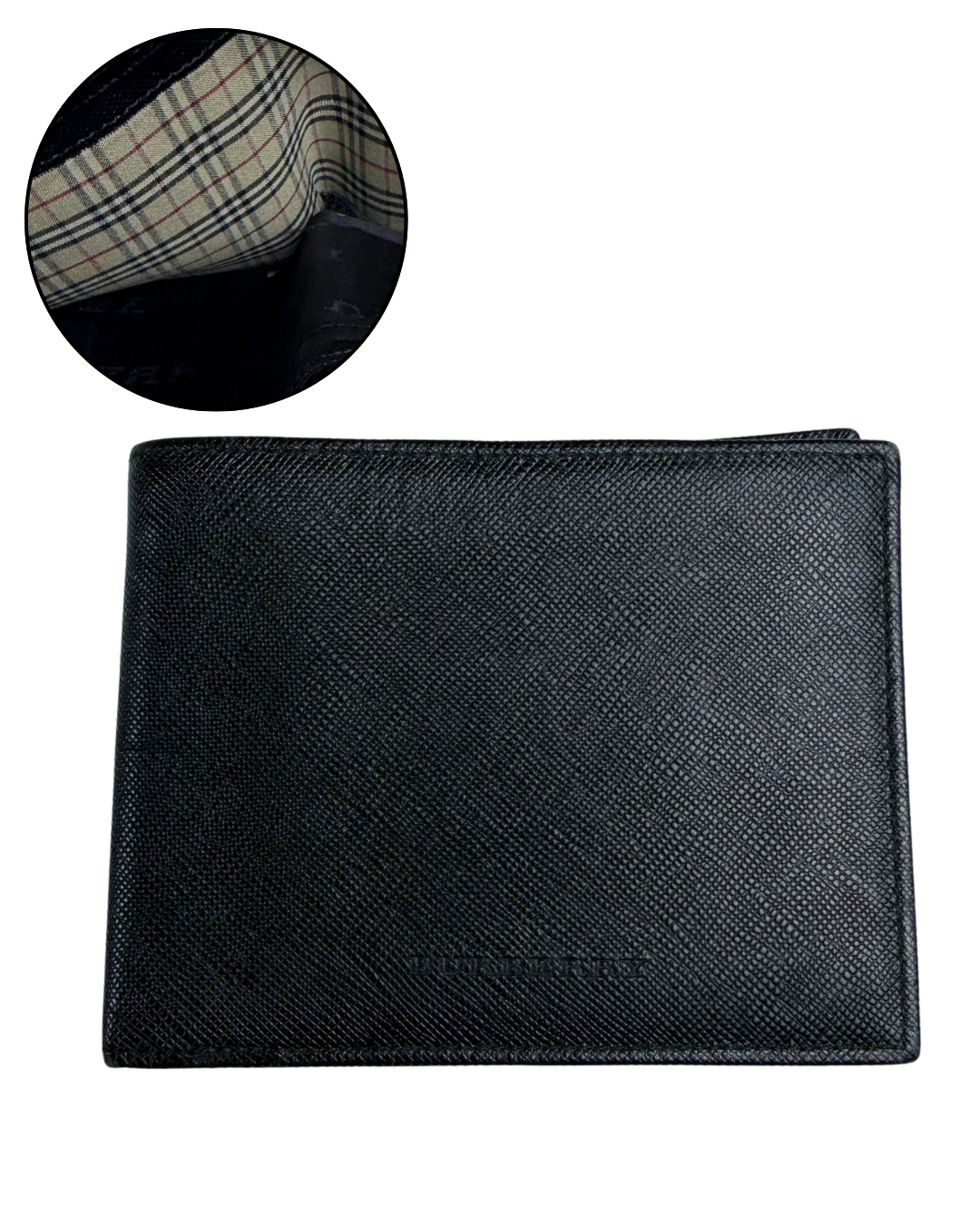 BURBERRY Black Saffiano Leather Bifold Wallet Nova Check Lining