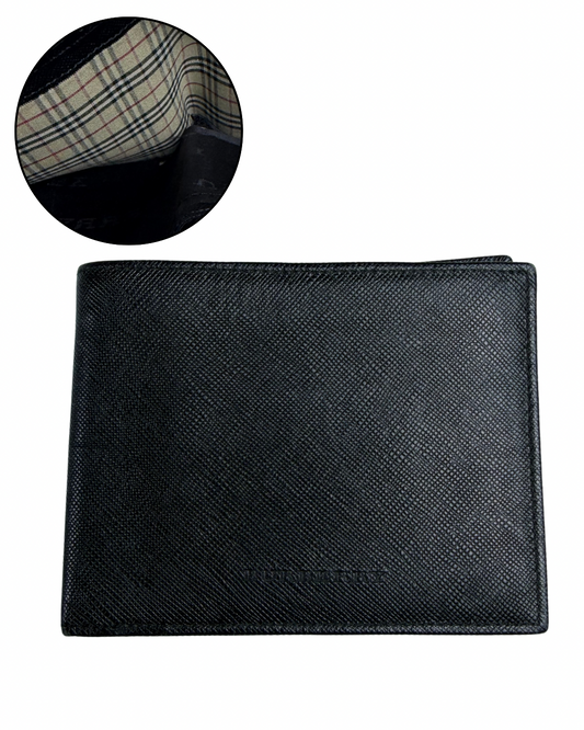 BURBERRY Black Saffiano Leather Bifold Wallet Nova Check Lining