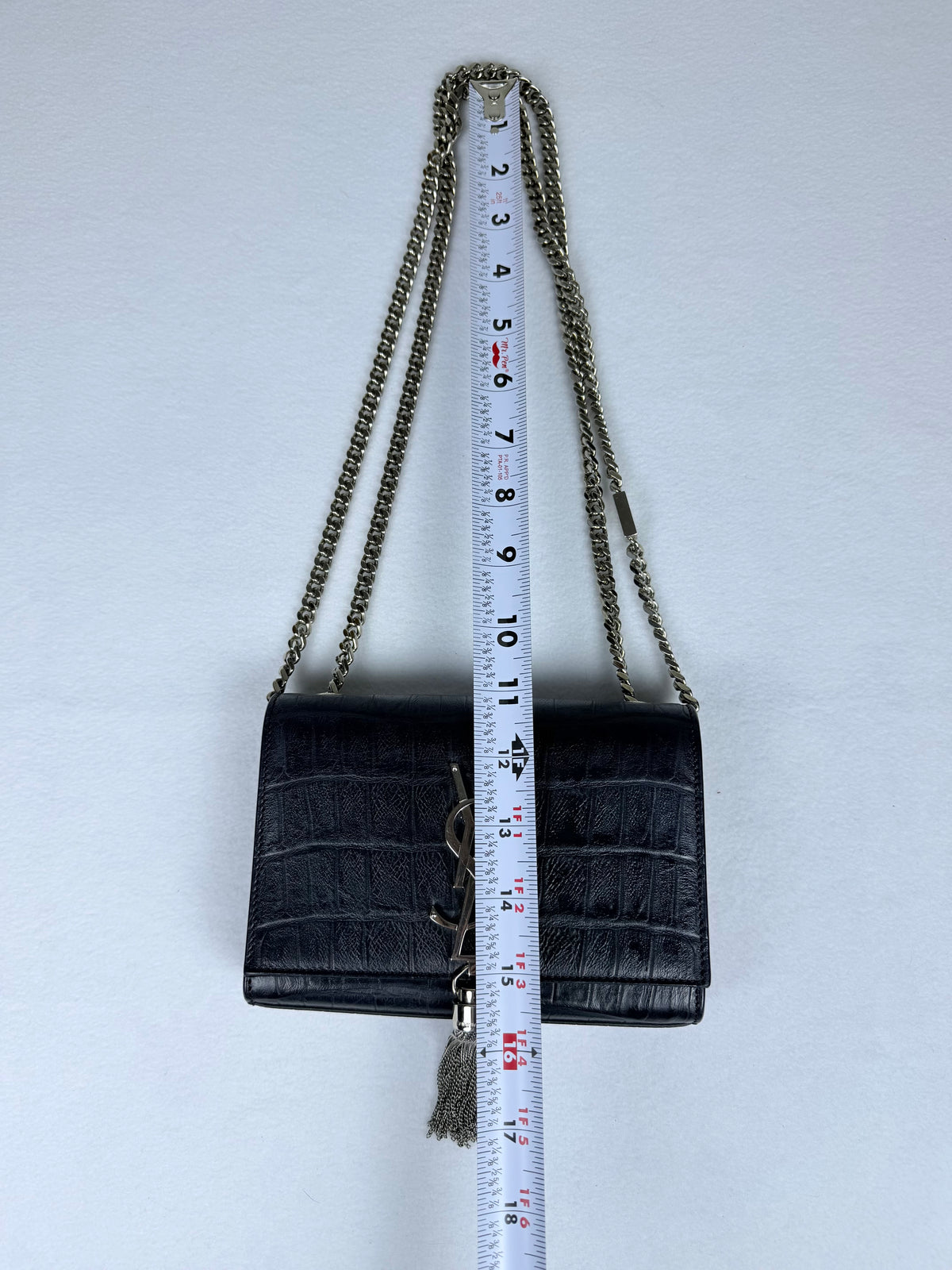 Saint Laurent YSL Kate Small Tassel Chain Shoulder Bag Croc-Embossed Black Leather Silver Hardware