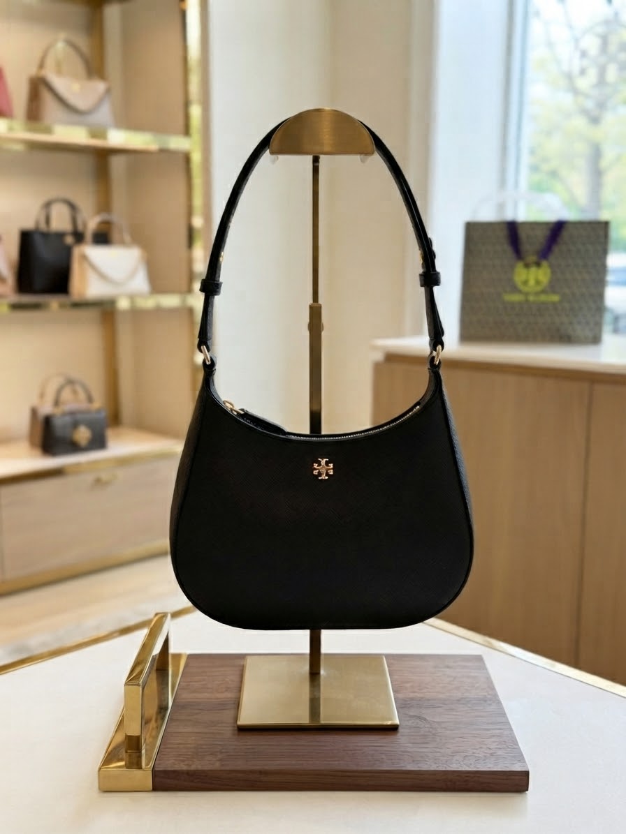 Tory Burch Black Emerson Zip Shoulder Bag Gold Hardware