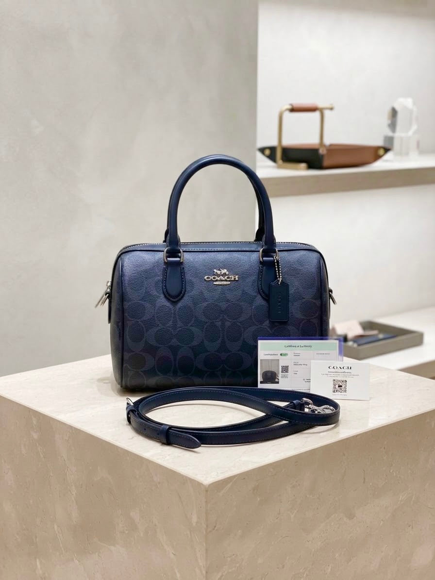 SOLD Coach Rowan Satchel In Signature Canvas Midnight Navy Crossbody Bag Purse LIKE NEW