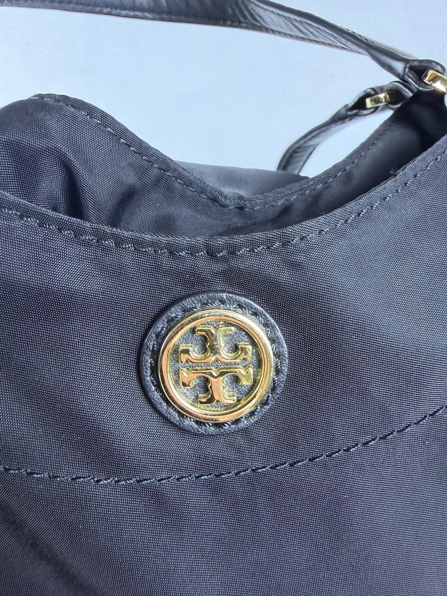 Tory Burch Black Nylon & Leather Drawstring Tote Shoulder Bag Gold Hardware