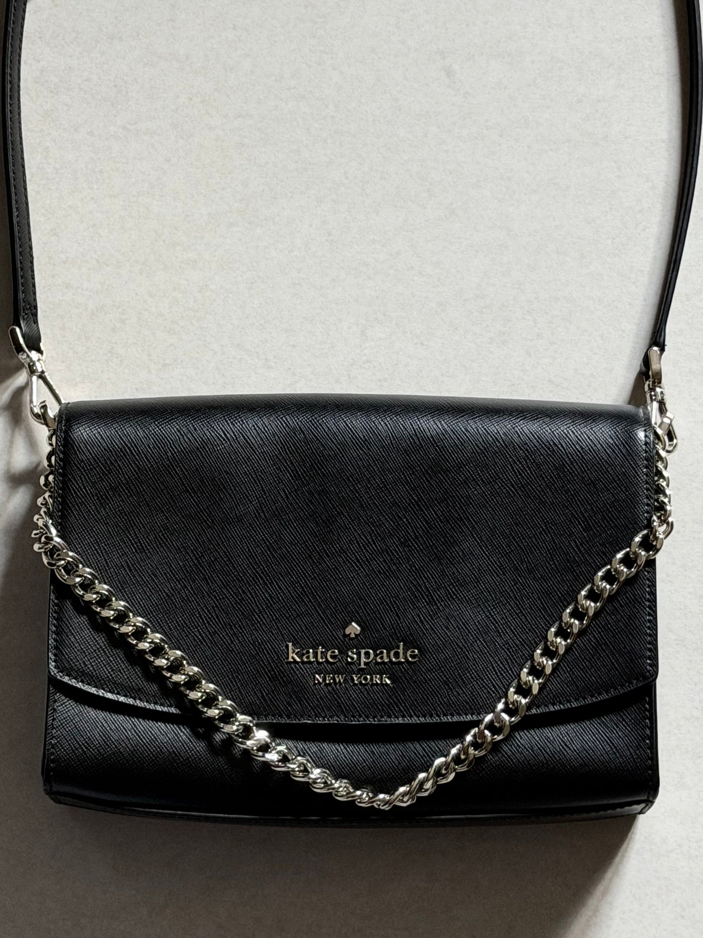 Kate Spade Black Leather Crossbody with Light Champagne Gold Chain Accent