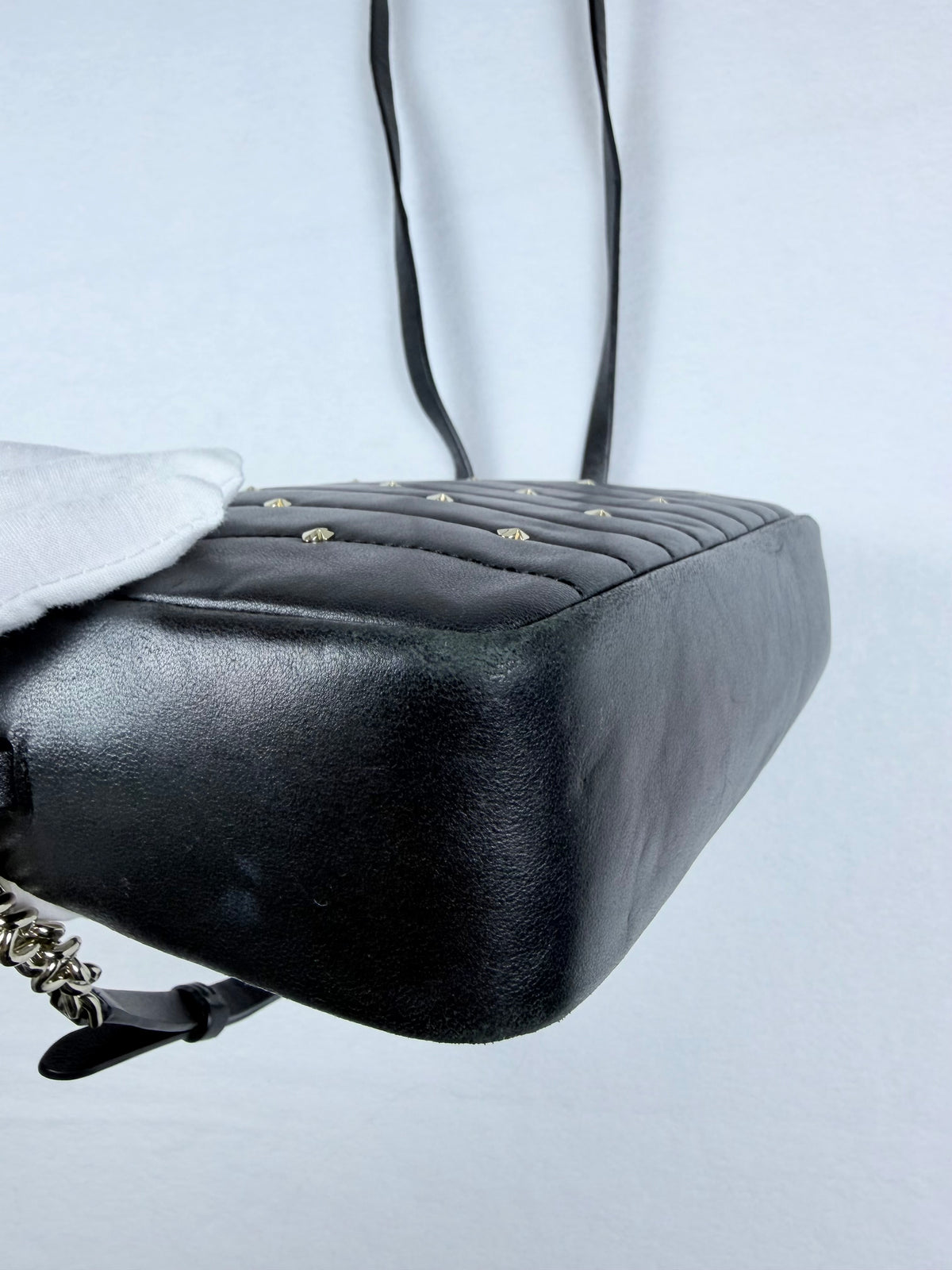 Kate Spade Black Quilted Studded Crossbody Bag with Silver Chain