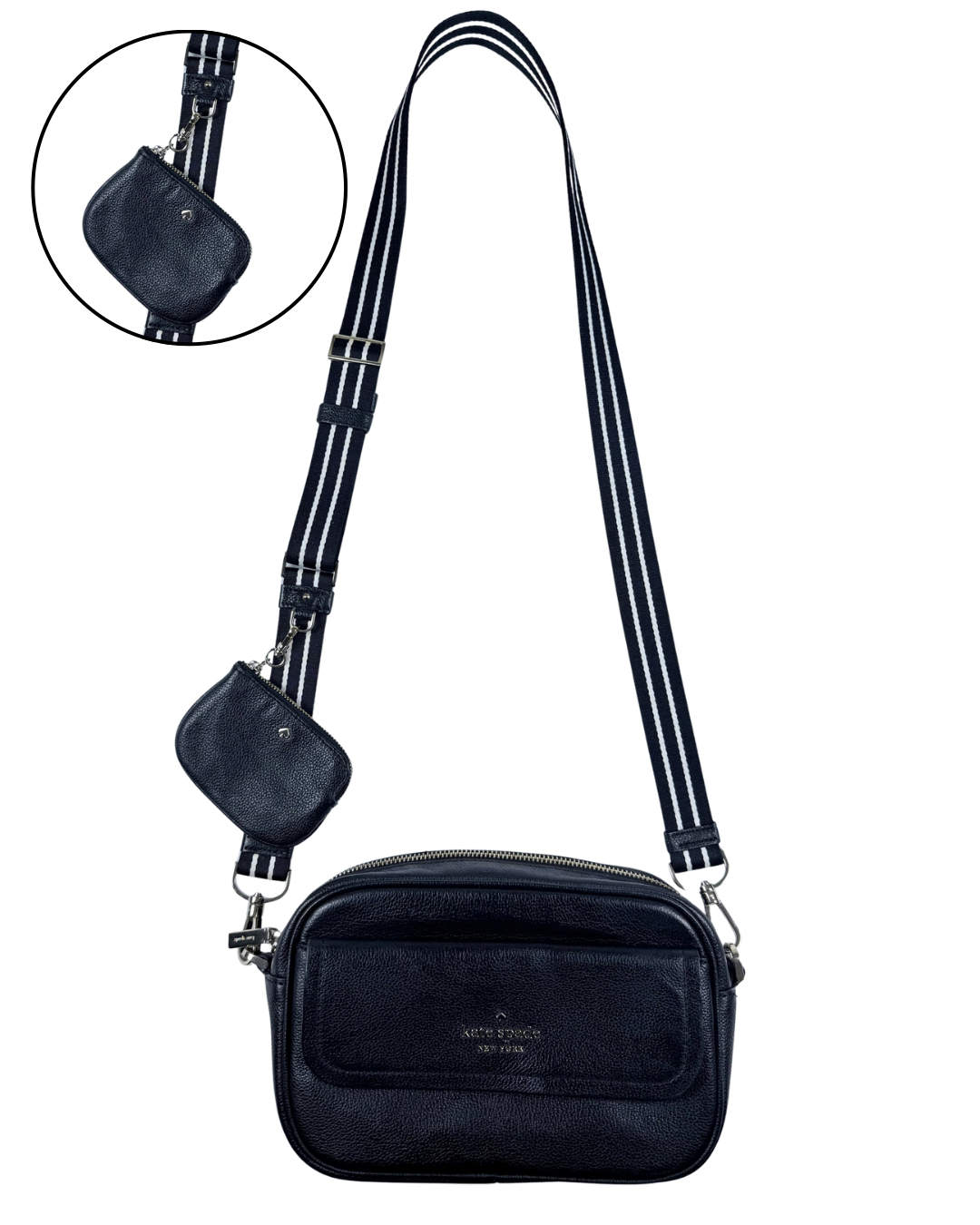 Kate Spade New York Black Pebbled Leather Camera Crossbody Bag & Strap Pouch