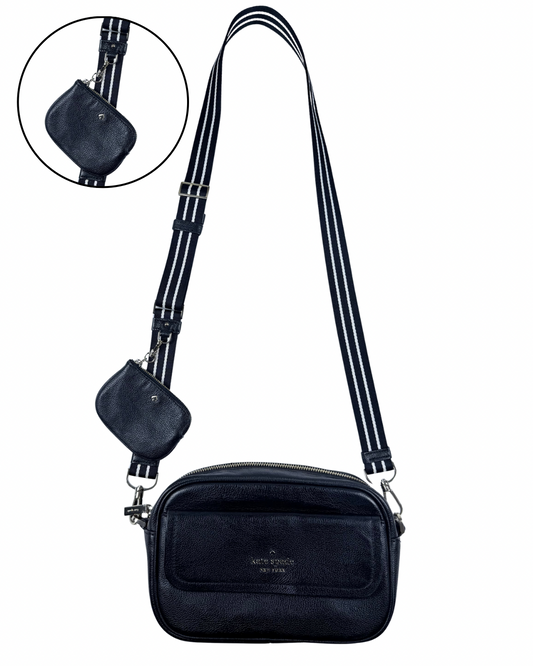 Kate Spade New York Black Pebbled Leather Camera Crossbody Bag & Strap Pouch