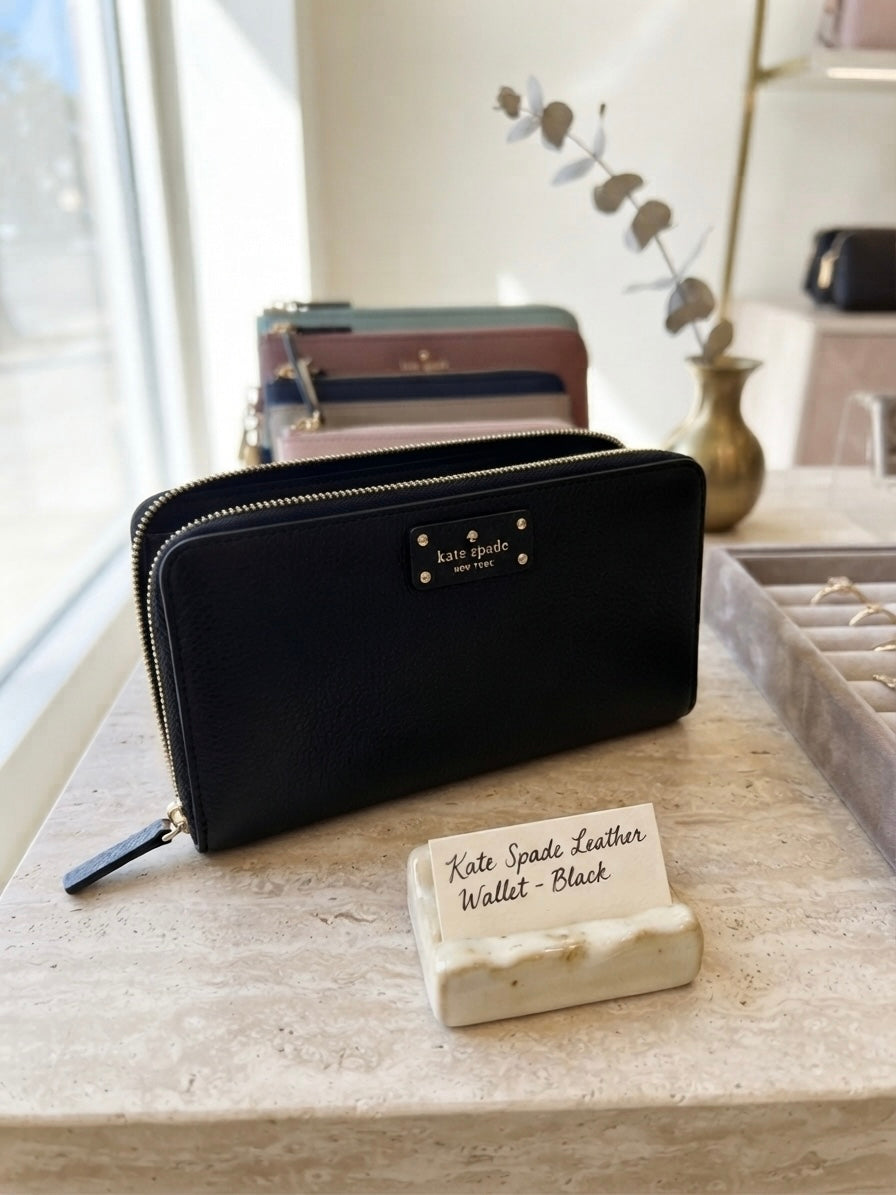 Kate Spade Pebbled Black Leather Zip-Around Wallet with Gold Plaque